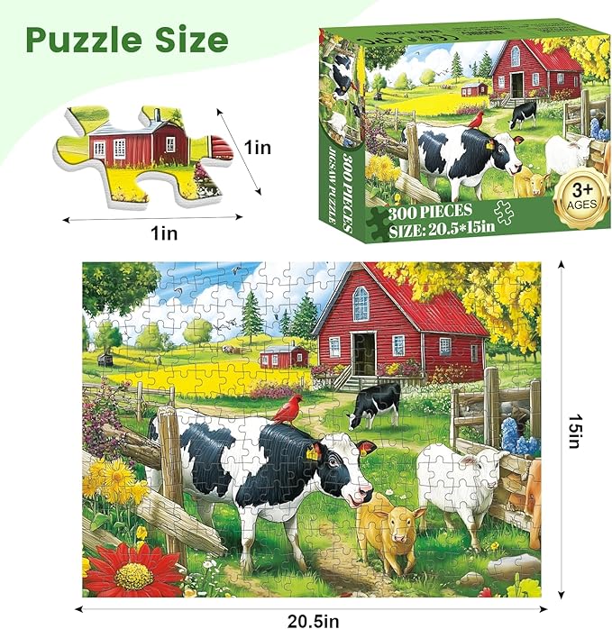 300 Pieces Jigsaw Puzzles for Adults, Pasture Cows Puzzle for Adults Children Seniors, Brid Puzzle 300 Pieces, Gift for Birthday, Home Decor, Fun for Family Entertainment(20.5 * 15 Inch)