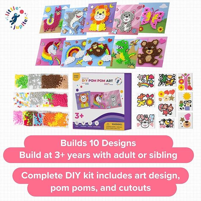 Little Jupiter DIY Pom Pom Art - Makes 10 Art Pieces for Boys & Girls - Crafts for Kids Age 3-5 - Toddler - Kids Crafts Activities