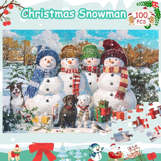 100 Piece Puzzles for Kids Ages 4-6 6-8 8-10, Christmas Snowman Jigsaw Puzzles Kids Puzzles 4-6 3-5, Children Educational Puzzles for Kids Ages 4-8, Gifts Christmas Stocking Stuffers for Kids Adults