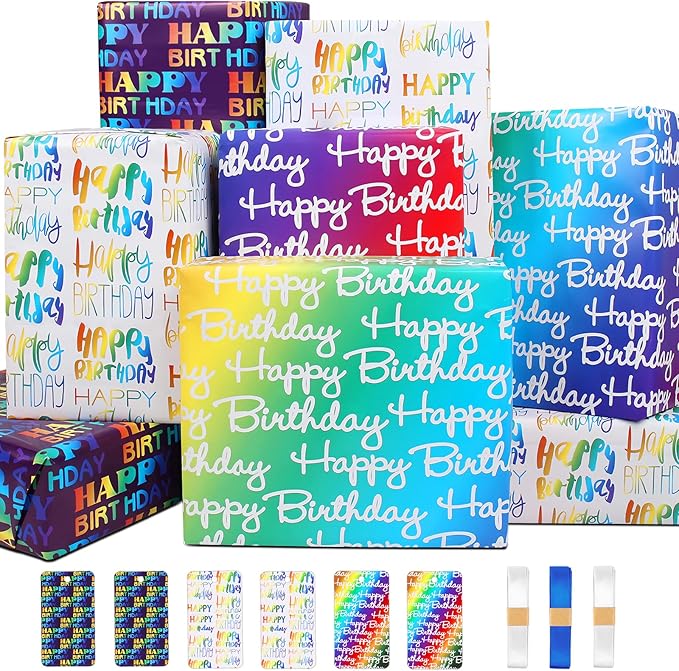 Wrapping Paper Birthday Wrapping Paper Sheets Hradient Multi-colour Happy Birthday Paper Set Include Bday Gift Wrap withTags & Ribbon,Present wrap for Boys Men Girls Women