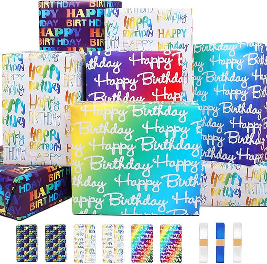 Wrapping Paper Birthday Wrapping Paper Sheets Hradient Multi-colour Happy Birthday Paper Set Include Bday Gift Wrap withTags & Ribbon,Present wrap for Boys Men Girls Women