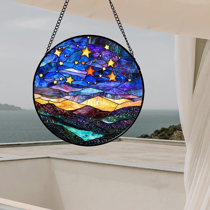 Stained Glass Window Hanging, Blue Sky Gold Stars Abstract Landscape Suncatcher for Doors Window Home Sun Catchers Decor Mother's Day Birthday Gifts for Women, Men Mom 6.3 in