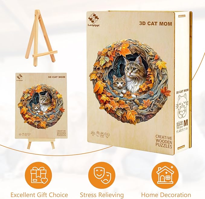 Wooden Puzzles for Adults, Wooden Jigsaw Puzzles for Adults Kids, 3D Cat Mom Unique Shaped Wood Puzzles Adult, Creative Birthday Gifts for Friends Family Game (13.4 * 13in 280pcs)