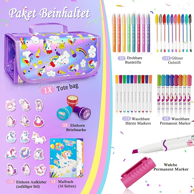 weirtoya 56 PCS Washable Scented Markers Set with Glitter Pencil Case, Mermaid Unicorn Arts and Crafts for kids 4-6-8 Kids Coloring Drawing Kits for 4-8 Years Old Girls Birthday Gifts
