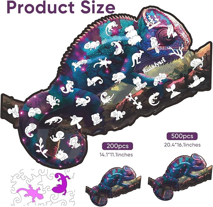 Ruikiyart Wooden Puzzles for Adults, 5MM 500 Pieces Chameleon Jigsaw Puzzles Unique Shapes Lizards Wood Puzzles Gift for Kids and Adults on Birthday, Thanksgiving, Christmas (20.4"x16.1")