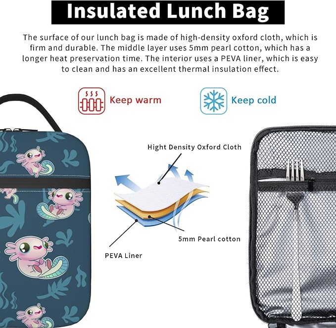 Cute Axolotl Print Reusable Lunch Box Food Bag Insulated Lunch Bag for Teenage Boys Girls School Beach
