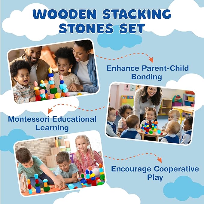 Giggle & Play - 40 Pcs Wooden Stacking Stones Set, Montessori Toys for 3+ Year Old, Stacking Blocks for Fine Motor Skills & Creativity, Multicolor Playset for Toddlers & Kids, Free Storage Bag