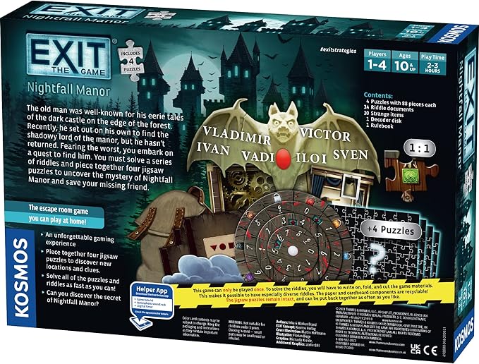 EXIT: Nightfall Manor (with Jigsaw Puzzles) | EXIT: The Game – A Kosmos Game | Family-Friendly, Jigsaw Puzzle-Based at-Home Escape Room Experience | Collaborative Game | for 1 to 4 Players, Ages 10+