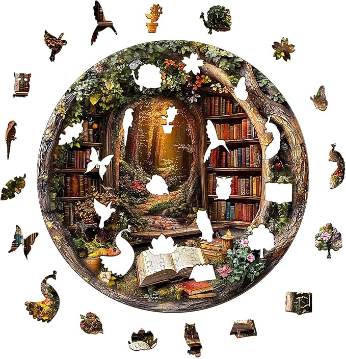 KAAYEE Wooden Puzzles for Adults, 3D Visual Effect Tree House Library Wooden Jigsaw Puzzle Unique Shape Wood Puzzle Adult, 3D Effect Flat Puzzle Birthday Family Games (S-8.5 * 8.5 in-100pcs)