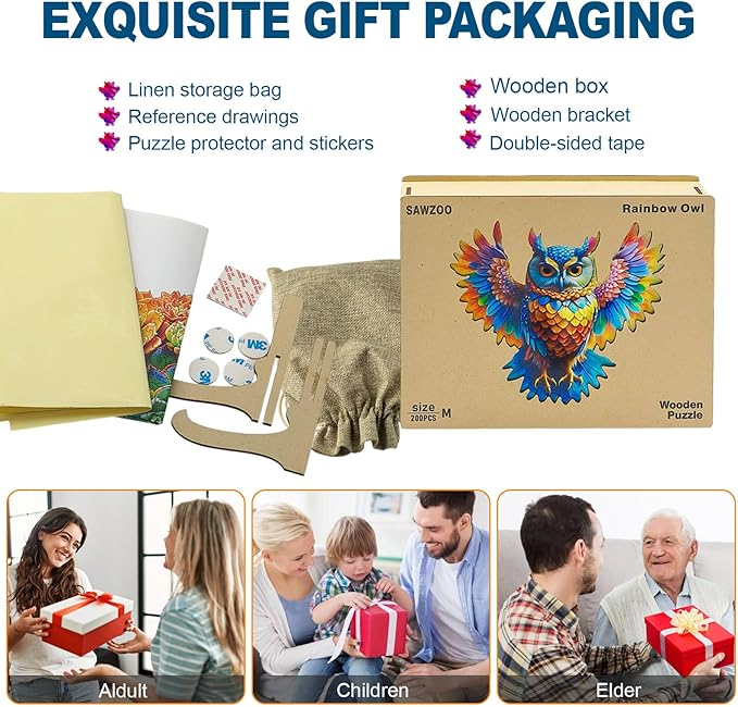 Wooden Jigsaw Puzzles for Adults and Kids, Rainbow Owl 200 Piece Unique Shaped Puzzle, Family Game and Creative Wooden Puzzle Gift, Wall Art Decor