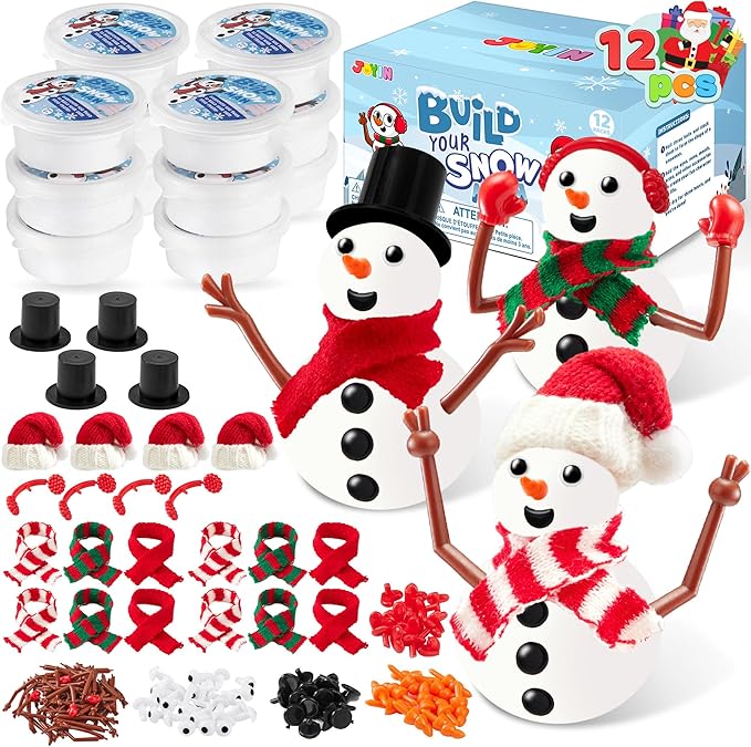 JOYIN Christmas Build a Snowman Craft Kit, 12 Pack Modeling Clay DIY Make a Snowman Kit for Christmas Arts and Craft Activities, Xmas Gift Stocking Stuffers for Kids, School Funny Toy Party Favor