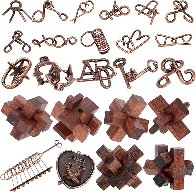 24 Pcs Brain Teaser Puzzles for Adults - Metal Puzzles 3D Puzzle Game Toys for Adults Teens - Wooden Unlock Interlocking Puzzle Adult IQ Education Smart Toys
