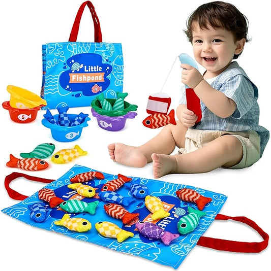 Toddler Toys Montessori Toys for 1 Year Old Boy Girl Birthday Gift- Cloth Fishing Game for Toddler 1-3 with Stacking Cups- Number Counting, Color Sorting, Shape Learning