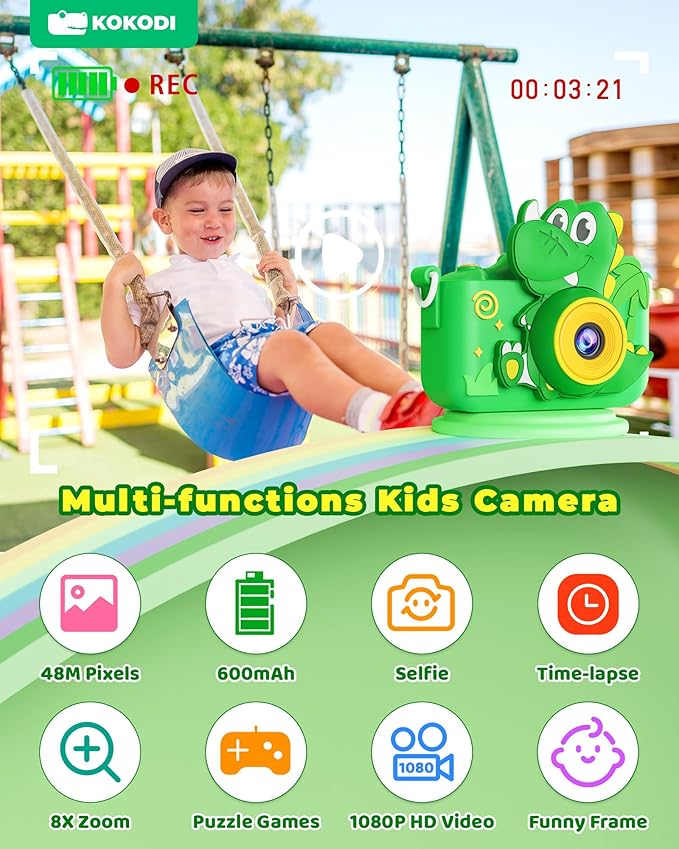 KOKODI Kids Camera Toy Digital Camera for Toddler Boys, Dinosaurs Birthday for Boys Age 3-12, 1080P HD Video Camera for Toddler, Kids Toys for 3-9 Year Old Kids with 32GB SD Card