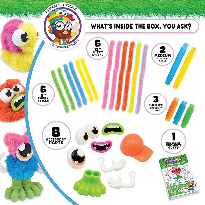 WeVeel TOOBLERZ Silly Monsterz Large Set – 26-Piece Mix-and-Match Craft Kit for Kids – Includes Fuzzy Chenille Sticks, Fidget Tubes & Character Accessories – Creative Toy for Ages 6+