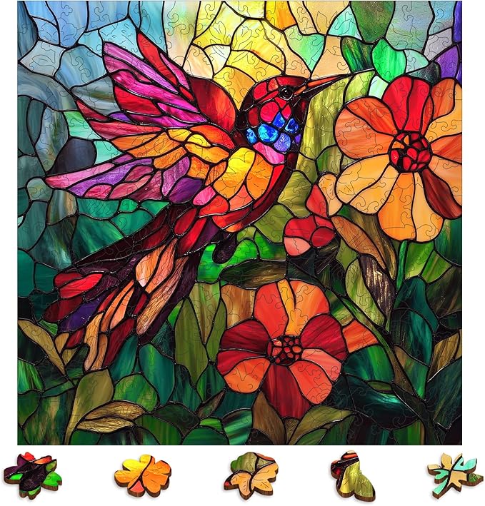 Wooden Puzzles for Adults, Stained Glass Puzzles 200 Pieces, Unique Shaped Hummingbird Jigsaw Puzzles for Adults and Kids, Birthday Gifts Fun Family Game 11.2'' x 11.2''