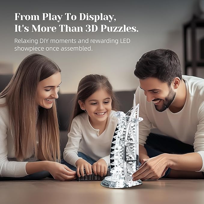 LED 3D Puzzle for Adults – 3D Wood Puzzle Architecture Building Model Kit – Super LED Dubai Landmark at Night – 3D Puzzles Home Décor Gift,Silver