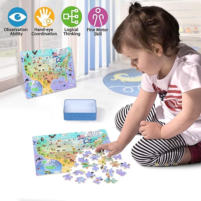 LELEMON Puzzles for Kids Ages 4-6,USA Map 100 Piece Puzzles for Kids Ages 4-8 in a Metal Box, Educational Jigsaw Puzzles 100 Piece Puzzle Games Puzzle Toys for Girls and Boys