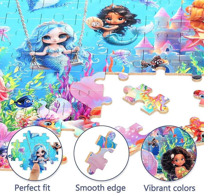Mermaid Princess Puzzles for Kids Ages 4-8, 100 Pieces Jigsaw Puzzles for Kids Ages 3-5 Puzzle for Girls and Boys Learning Educational Puzzles Toys in a Metal Box