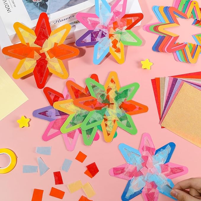 Qyeahkj 36 Set Summer Star Suncatchers Crafts for Kids DIY Star Window Tissue Paper Craft Kit Art Ornament Hanging Decor for School Home Classroom Activity Art Project Birthday Party Favors Gifts