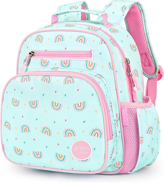 mibasies Toddler Backpack for Girls 2-4: Preschool Kindergarten Backpack - Cute Kids Backpacks for Girls - Rainbow Mint green