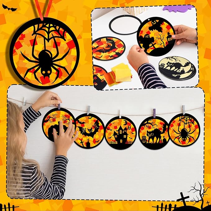 Funrous 32 Set Halloween Suncatchers Crafts Kit Orange Pumpkin Suncatcher Paper Crafts with Tissue Paper DIY Window Stained Glass Decor Hanging Ornaments for Halloween DIY Activities Party Favors