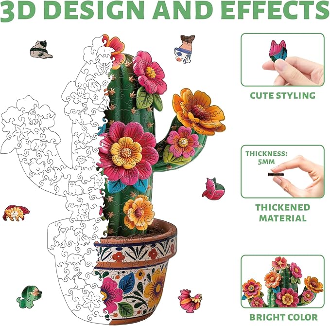 Cactus Wooden Puzzles Adults, 200 Piece Puzzles Vase for Adults Cactus Jigsaw Puzzle Art Unique Shape Puzzle Gift Fun Challenge Family Game Home Decor