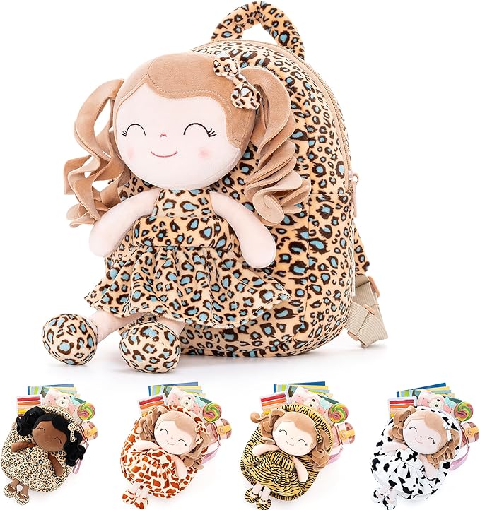 Gloveleya Toddler Backpack Baby Girl Gifts Curly Hair Plush Figures Dress Backpack Kids Backpack Curly Hair Spring Girl - White Leopard 9inches
