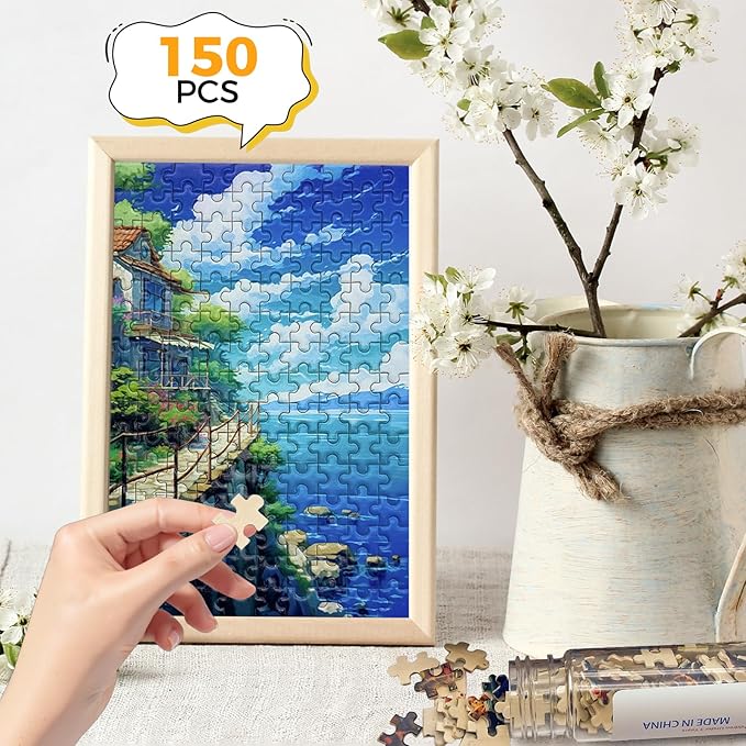 150 Pieces Mini Jigsaw Puzzles for Adults & Kids,6 x 4 Inches, Mini Puzzles, Travel Puzzle,Small Micro Puzzles, Challenging Difficult Puzzle,3 Pack Seaside Hut