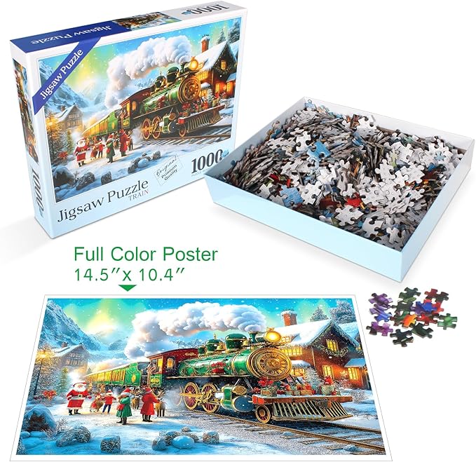 Christmas Puzzles for Adults 1000 Pieces Winter Train Town Jigsaw Puzzles for Adult Puzzles 1000 Pieces with Letters on Back Challenging Holiday Family Puzzle Gifts for Women Men Seniors