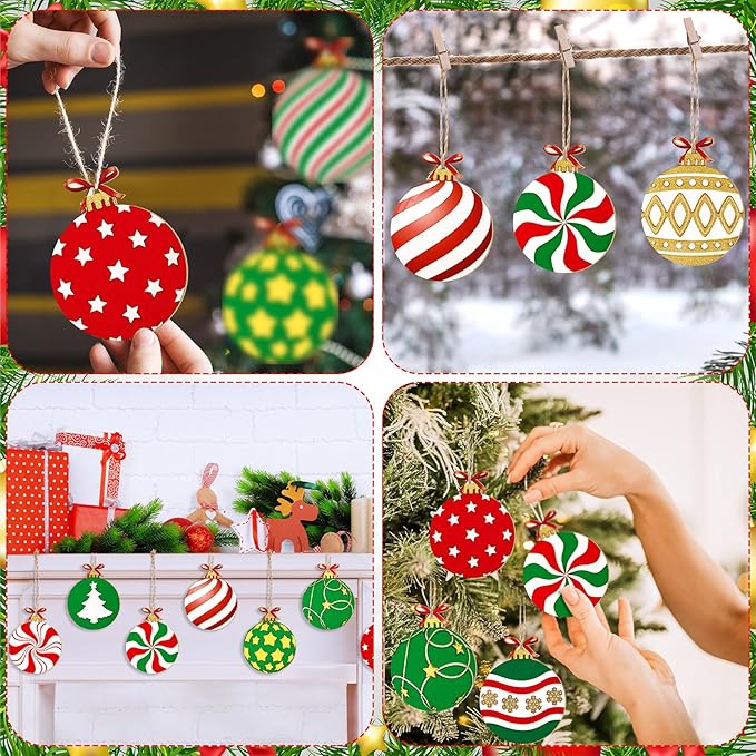 60 Pcs Wood Christmas Crafts for Kids DIY Paint Xmas Ornaments Blank Unfinished Wooden Cutouts Shapes Slices Hanging Embellishment for Christmas Tree Holiday Party Decor(Ball)
