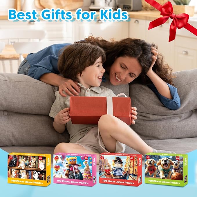 4 x 100 Piece Puzzles for Kids Ages 6-8 8-10 Year Old - Bear Cats & Dogs Large Piece Jigsaw Puzzles for Toddlers 5-8 100 Piece Puzzle for Adults Kids Learning Puzzle Toys Gifts for Girls Boys