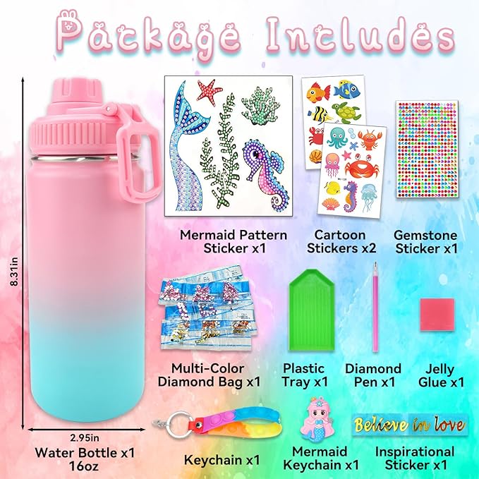 7july Decorate Your Own Water Bottle Kits for Girls Age 4-6-8-10 (Stainless Steel),Mermaid Themed Painting Crafts,Fun Arts and Crafts Gifts Toys for Girls Birthday Christmas
