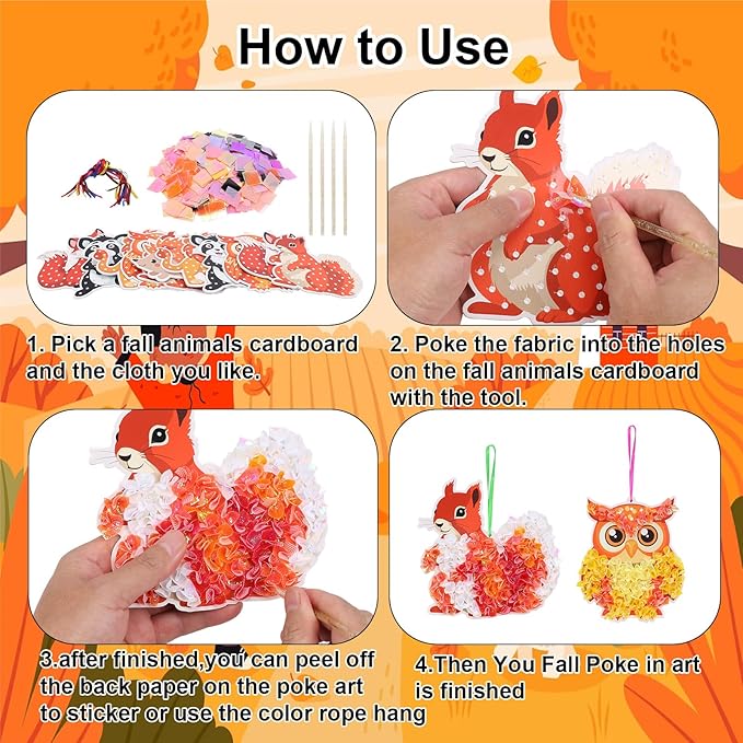 Fennoral 12 Pack Fall Craft Kit for Kids Make You Own Fall Animals Poke in Art Kit Fall Arts and Crafts DIY for Kids Boys Girls Party Supplies Thanksgiving Autumn Decoration