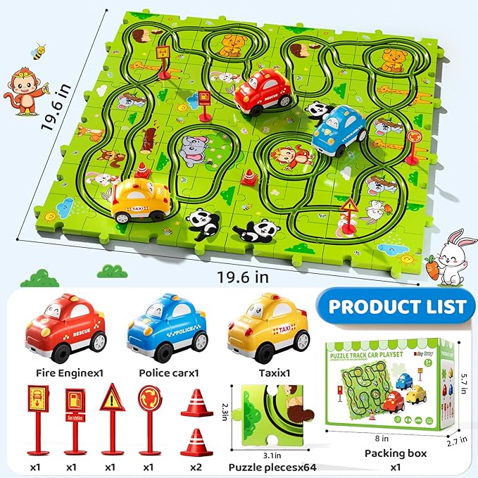 64PCS Puzzle Race Track Car Set for Kids Boys, Floor Puzzle Tracks Car Toys for Boys Girls Ages 3-5 4-6, Toddler Toys Gifts for 3 4 5 Year Old, Ideal 3 4 5 6 Year Old Birthday Gifts