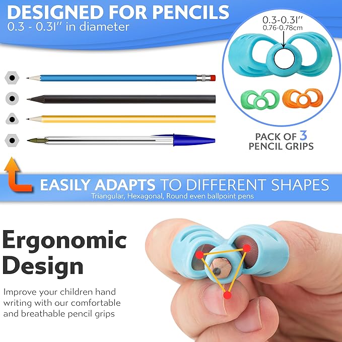 Stylo Set of 3 Grippies - Pencil Grips for Kids Ergonomic Writing Aid for Children and Adults