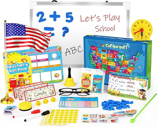 Pretend Play Teacher Set, Kids Pretend Teacher Playset with Whiteboard Learning Clock Magnetic Numbers and Map Puzzles, Pretend Play Teaching Toys Learning Education Toys for Kids