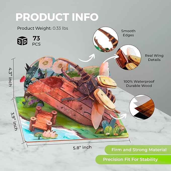 3D Wooden Puzzle for Adults, Garden Insects Collection, Educational DIY, Ladybug, Bees and Dynastes Models (Dynastes)