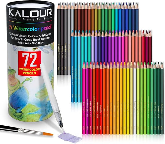 KALOUR 72-Color Professional Watercolor Pencils Set with Brush and Water Brush Pen, Hexagonal Shape, Blendable Wet or Dry, Water-Soluble Colored Pencils for Artists and Beginners