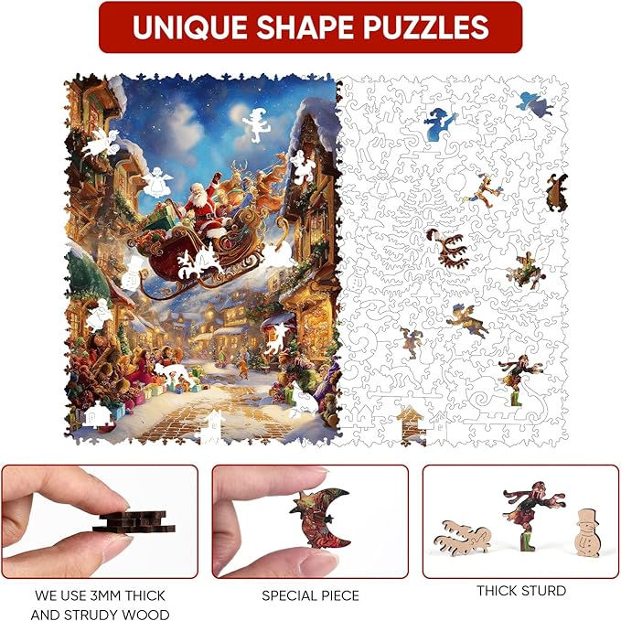 Christmas Sleigh Wooden Puzzles for Adults & Kids - 200 Pcs, Luxury Shaped Wood Jigsaw Puzzle, 8.9"x11.8", Challenging Holiday Family Game, Home Decor