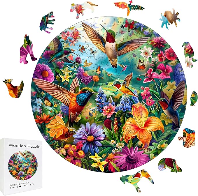 Wooden Puzzles, 148 Pieces Hummingbird Jigsaw Puzzles, Unique Shaped Wooden Puzzle for Adults and Kids, Family Game(Hummingbird, Large)