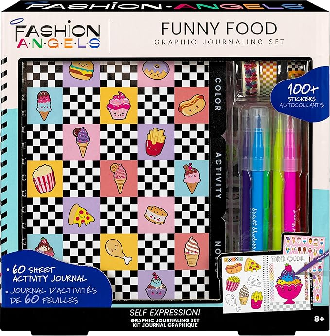 Fashion Angels Funny & Cute Food Graphic Journaling Stationery Set, Includes 1 Tabbed Sketchbook, 2 Sticker Sheets, 6 Scented Markers & 3 Rolls of Tape