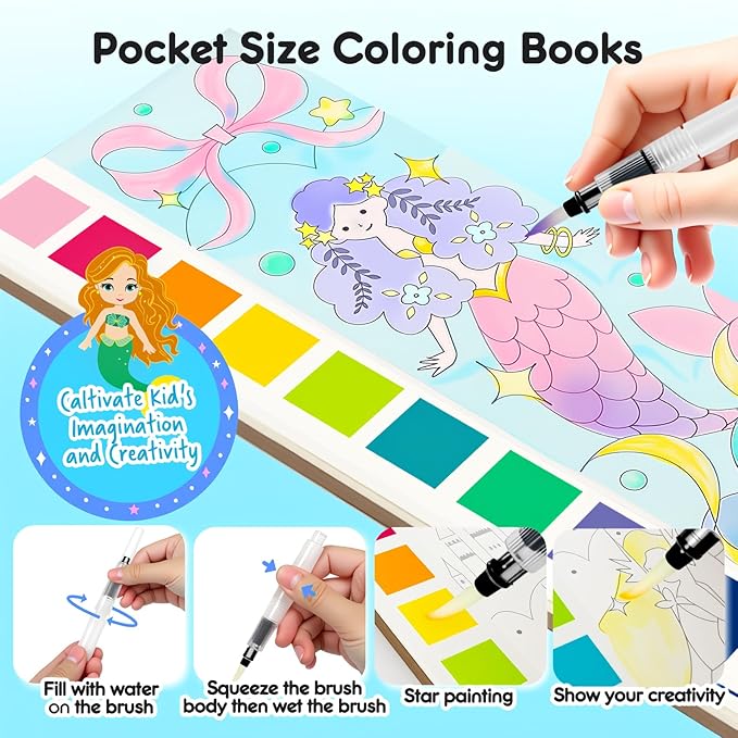 ROOCHKD Watercolor Painting Coloring Books Pocket Watercolor Paint Bookmarks, Mess Free Paint with Water Set, Travel Class Activities Art Party Favors Exchange Birthday Gifts for Kids (Mystic meraid)