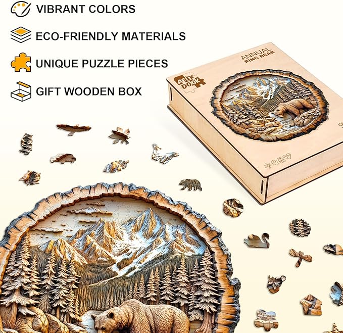 Wooden Puzzles for Adults - 200 Pieces Annual Ring Bear Puzzle - Unique Shapes Wooden Jigsaw Puzzles for Adults - Eco-Friendly Home Office Decor (M-11.4 * 11.4in)