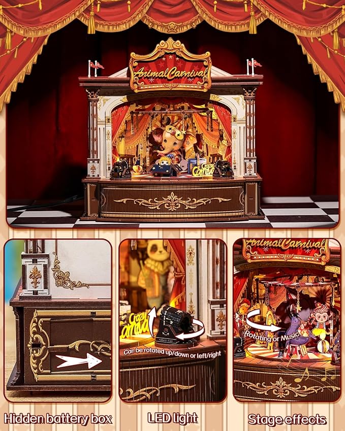 CUTEBEE 3D Wooden Puzzles Music Box - Merry-go-Round DIY Book Nook, Rotating Mechanical Model Building Kit, Wooden Music Box Kit with LED, Craft Hobbies Kit for Adults Birthday for Adults