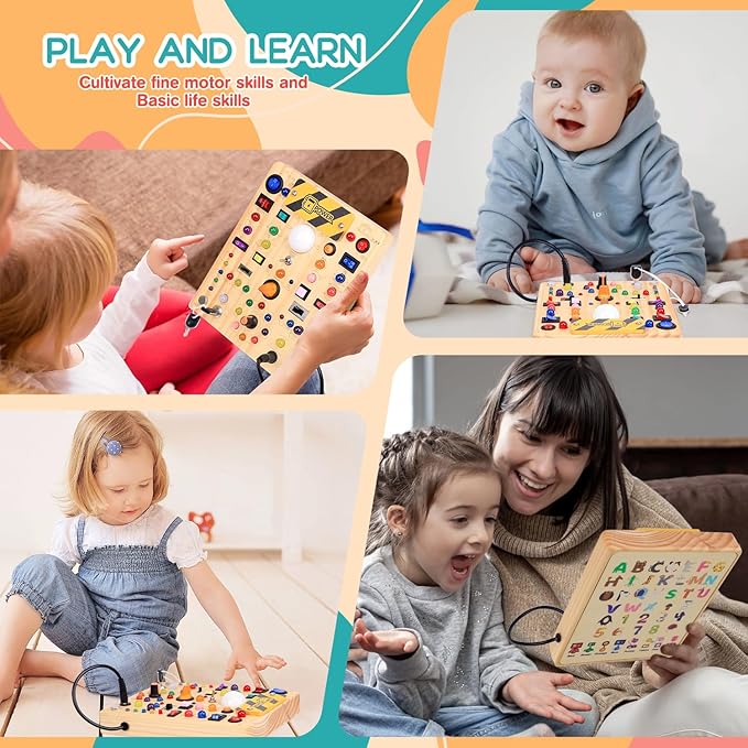 RichBoy Busy Board for 1-3 Year Old, 59 in 1 LED Light Up Wooden Sensory Montessori Switch Board Toy for Toddlers Travel Gift (7.8" x 6.5")