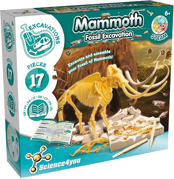 Science4you - Mammoth Fossil Digging Kit for Kids +6 Years - Excavate and Assemble 17 Mammoth Fossils - Ideal Dinosaur Excavation Kit Toy, Archeology and Paleontology Sets for Kids Age 6+