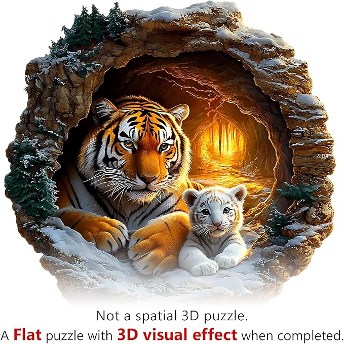 Wooden Puzzle 3D Visual Effect Lion Unique Shape Advanced Wood Puzzle for Adults,Holiday Birthday Gift,Craft kit (Tiger Family, Medium)