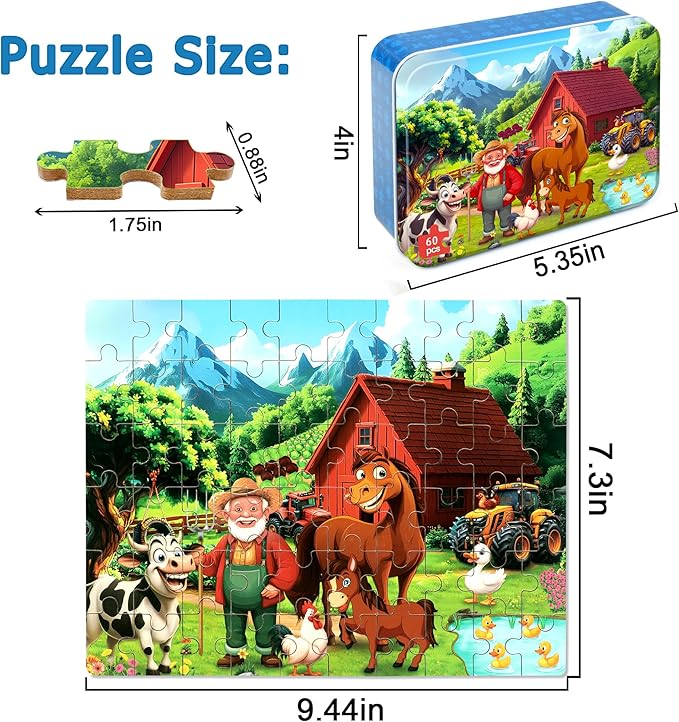 LELEMON Puzzles for Kids Ages 4-6, Farm 60 Piece Puzzles for Kids Ages 3-5 in a Metal Box, Educational Jigsaw Puzzles Childrens Puzzle Games Puzzle Toys for Girls and Boys