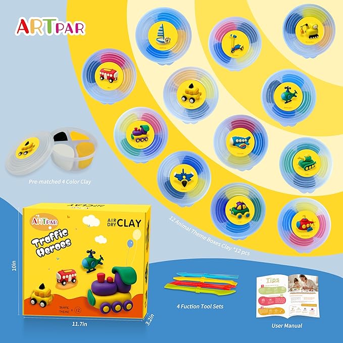 Kids Air Dry Clay Kit,12 Pack Traffic Modeling Magic Clay Sculpting Set | Ultra Light & Soft DIY Art & Crafts School Classroon Projects,Home Party Favors Supplies for Boys Girls Adults